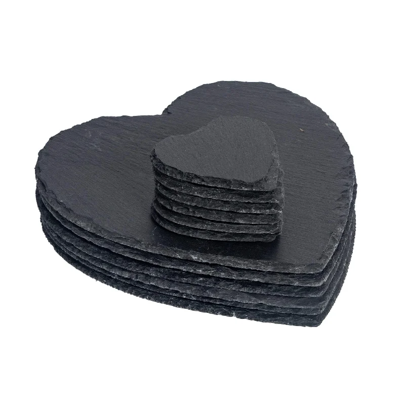 diy-budget-decor-ideas-12pc Black Heart Slate Placemats & Coasters Set - By Argon Tableware