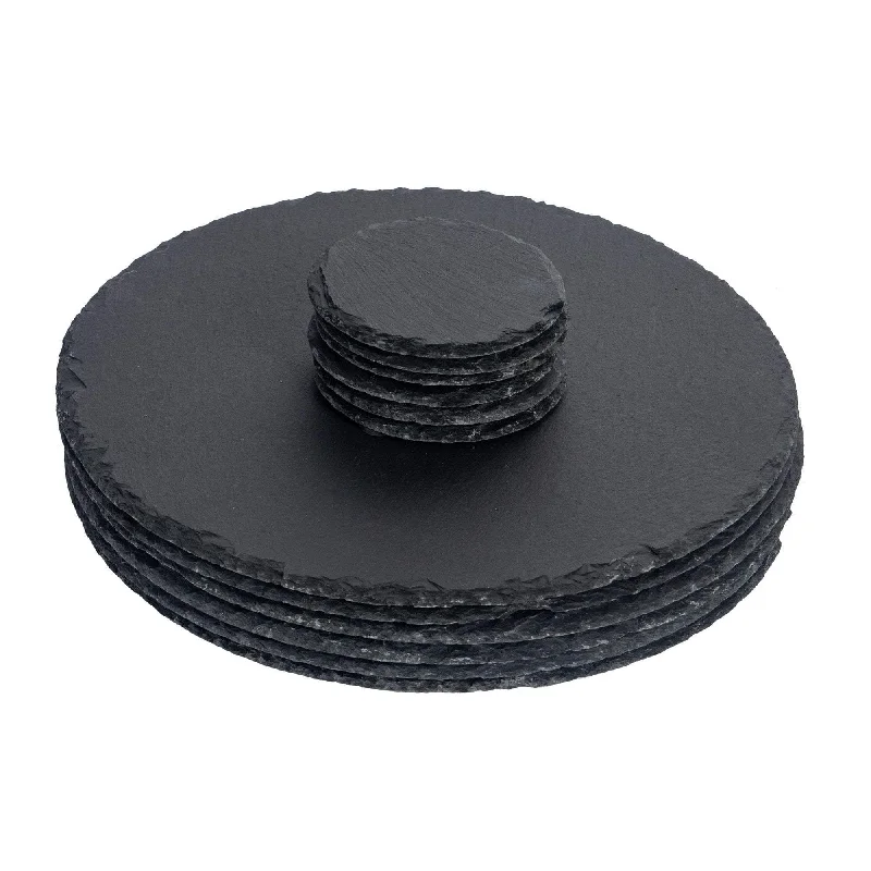 diy-budget-home-repairs-12pc Black Round Slate Placemats & Coasters Set - By Argon Tableware