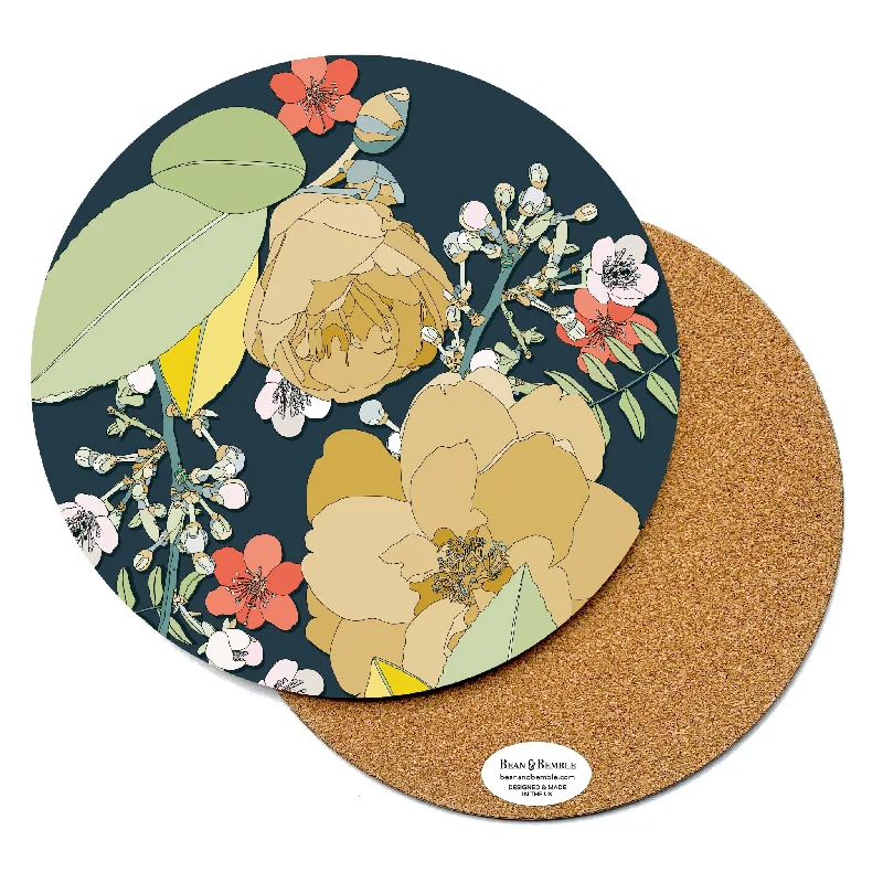 diy-natural-home-fragrances-Round Placemat - Chica Camellia Navy