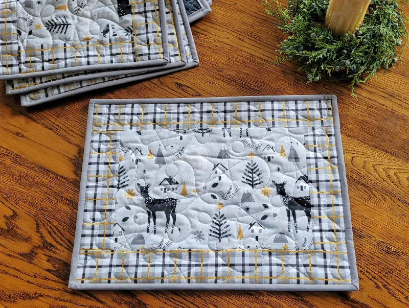 best-online-team-tools-Christmas Placemats | Quilted Plaid Table Mats with Reindeer, Winter Trees and Gold Metallic Accents