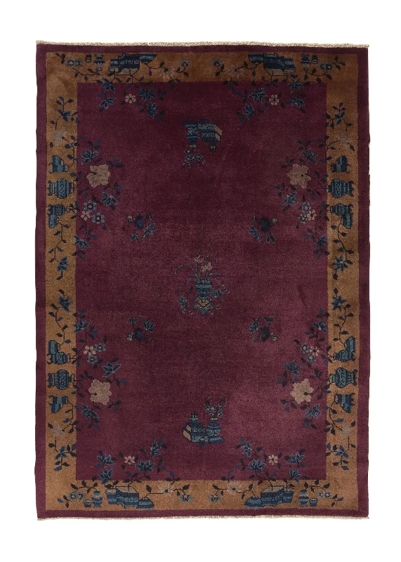 budget-friendly carpet stores-Oriental Rug Chinese Handmade Area Antique Traditional 6'2"x8'9" (6x9) Purple Pictorial Vase Open Design #35506