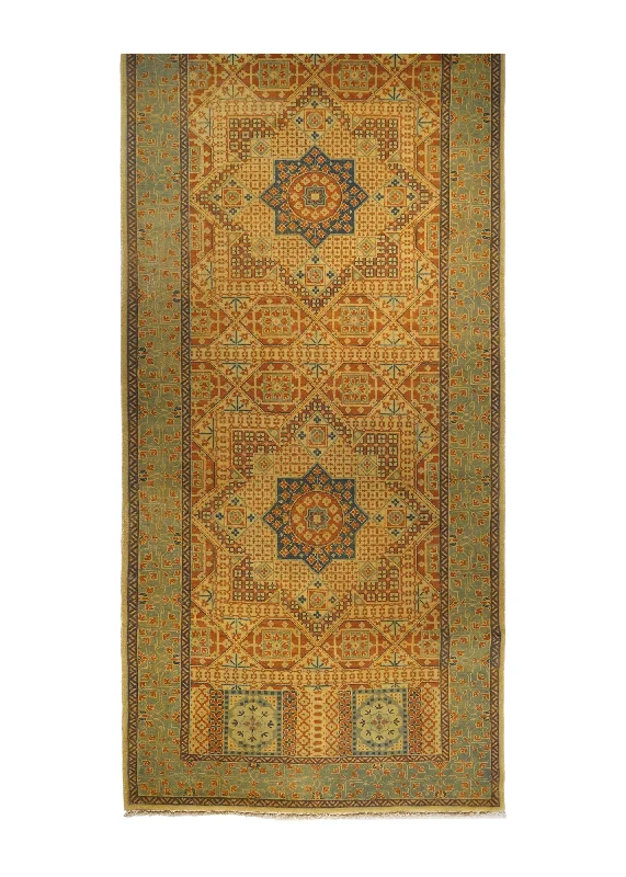 pet-friendly carpet materials-Oriental Rug Indian Handmade Runner Transitional Tribal 4'2"x9'10" (4x10) Red Blue Tea Washed Mamluk Design #A24072