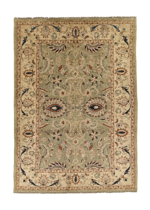 durable rugs for modern bedrooms-Oriental Rug Pakistani Handmade Area Transitional 5'6"x8'0" (6x8) Green Whites/Beige Oushak Design #33861