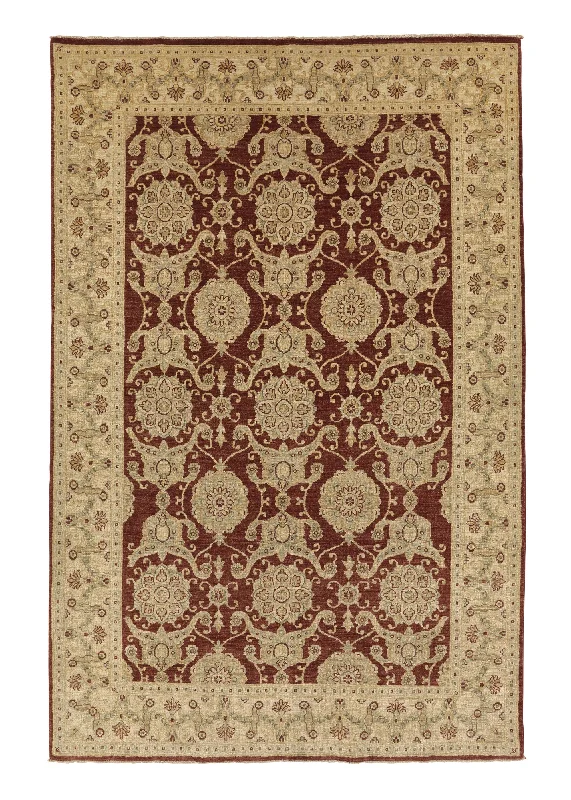 trendy striped rug designs-Oriental Rug Pakistani Handmade Area Transitional 5'11"x9'0" (6x9) Red Whites/Beige Oushak Design #33235