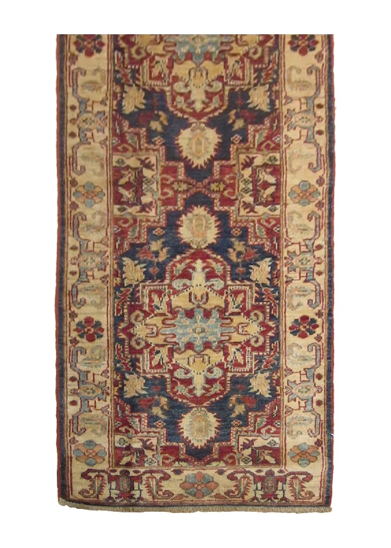 non-slip rugs for kitchen floors-Oriental Rug Pakistani Handmade Runner Transitional 2'1"x5'6" (2x6) Blue Whites/Beige Red Ghazni Geometric Design #A24254