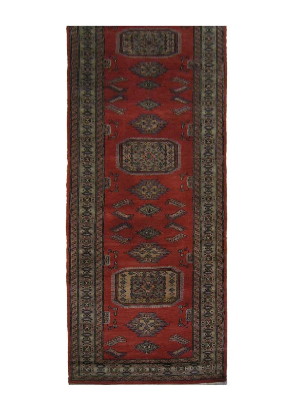 affordable carpet cleaning near me-Oriental Rug Pakistani Handmade Runner Transitional Tribal 2'9"x13'7" (3x14) Red Whites/Beige Bokhara Elephant Foot Design #A25190