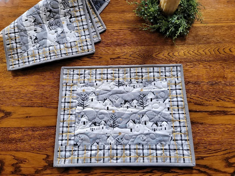 affordable-jewelry-gift-ideas-Quilted Winter Placemats | Christmas Table Decor | Snowy Village with Gold Metallic Stars