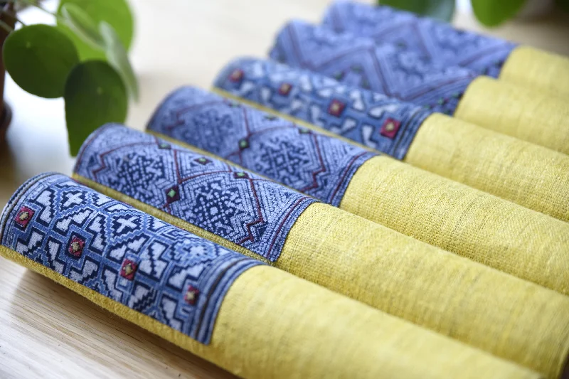 top-healthy-drink-recipes-Yellow hemp placemat, vintage batik indigo patch, hand-woven hemp fabrics