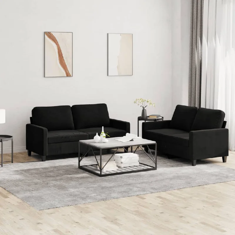 three-seater sectional sofa-2 Piece Sofa Set with Cushions Black Velvet