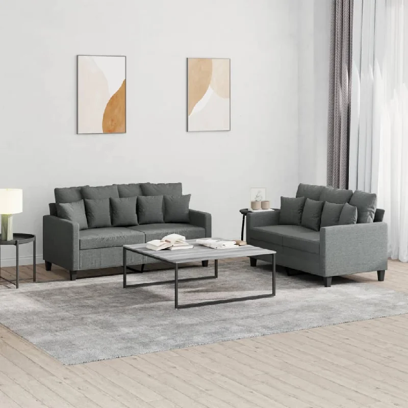 two-seater sectional sofa-2 Piece Sofa Set with Cushions Dark Gray Fabric