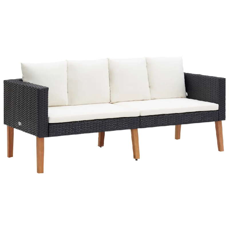 farmhouse sofa-2-Seater Patio Sofa with Cushions Poly Rattan Black