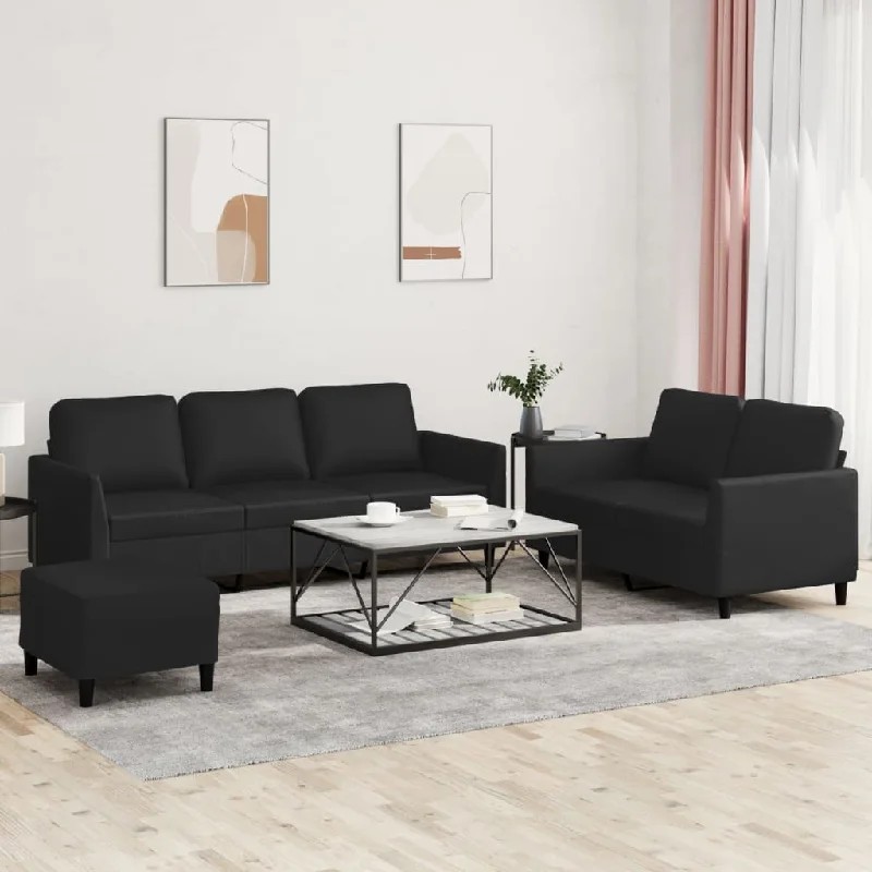 curved reclining sofa-3 Piece Sofa Set with Cushions Black Faux Leather