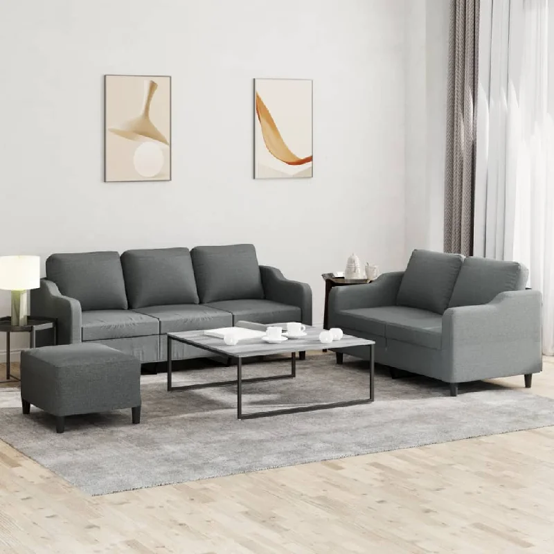 leather reclining sofa-3 Piece Sofa Set with Cushions Dark Gray Fabric