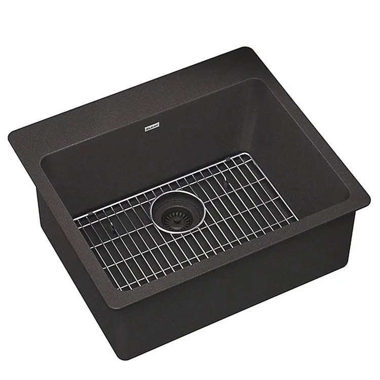 kitchen sink drain cork-Kitchen Sink Quartz Classic 25 x 22 Inch Single Bowl Kit Black Drop-In