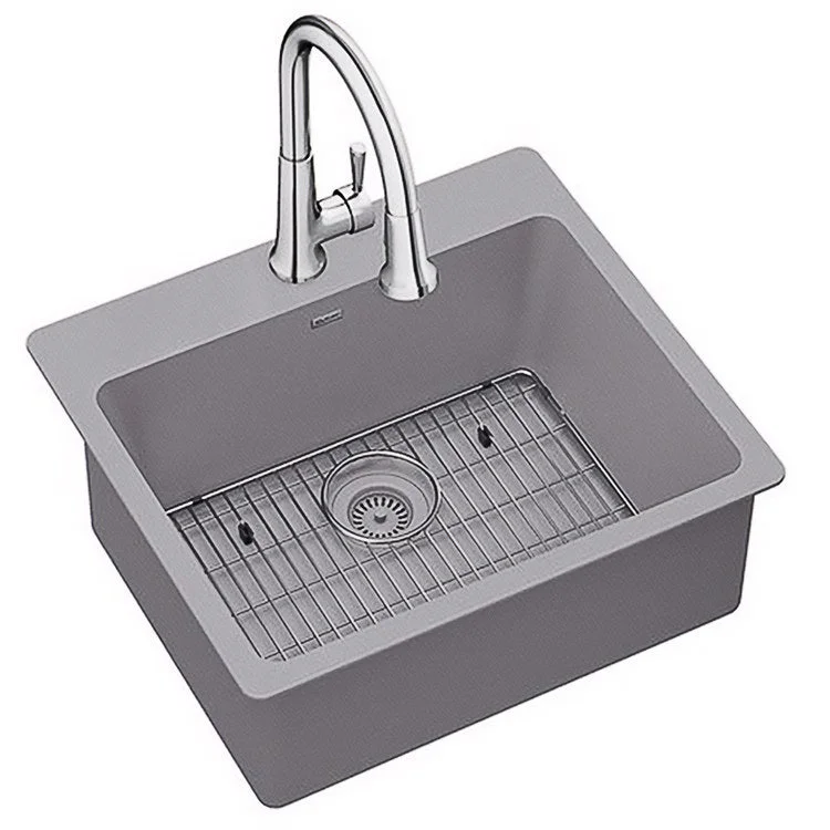 DIY kitchen sink upgrade-Kitchen Sink Quartz Classic 25 x 22 Inch Single Bowl Kit with Faucet Greystone Drop-In