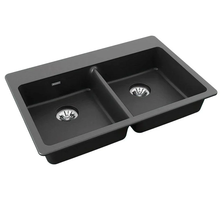 kitchen sink basin yellow-Kitchen Sink Quartz Classic 33 x 22 Inch Double Bowl with Perfect Drain ADA Black Drop-In Rectangle Drain Location Rear Center Depth 5-1/2 Inch