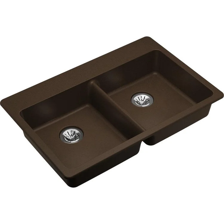 kitchen sink with built-in drain-Kitchen Sink Quartz Classic 33 x 22 Inch Double Bowl with Perfect Drain ADA Mocha Drop-In Rectangle Drain Location Rear Center Depth 5-1/2 Inch