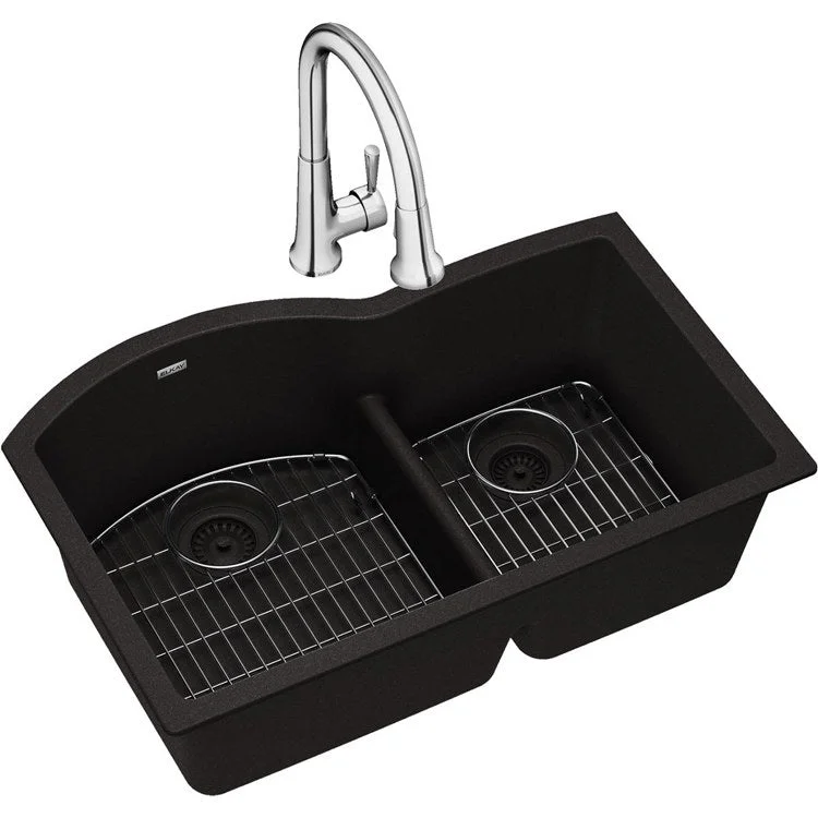 kitchen sink faucet knot-Kitchen Sink Quartz Classic 33 x 22 Inch Double Bowl Offset 60/40 Kit with Faucet & Aqua Divide Black Undermount