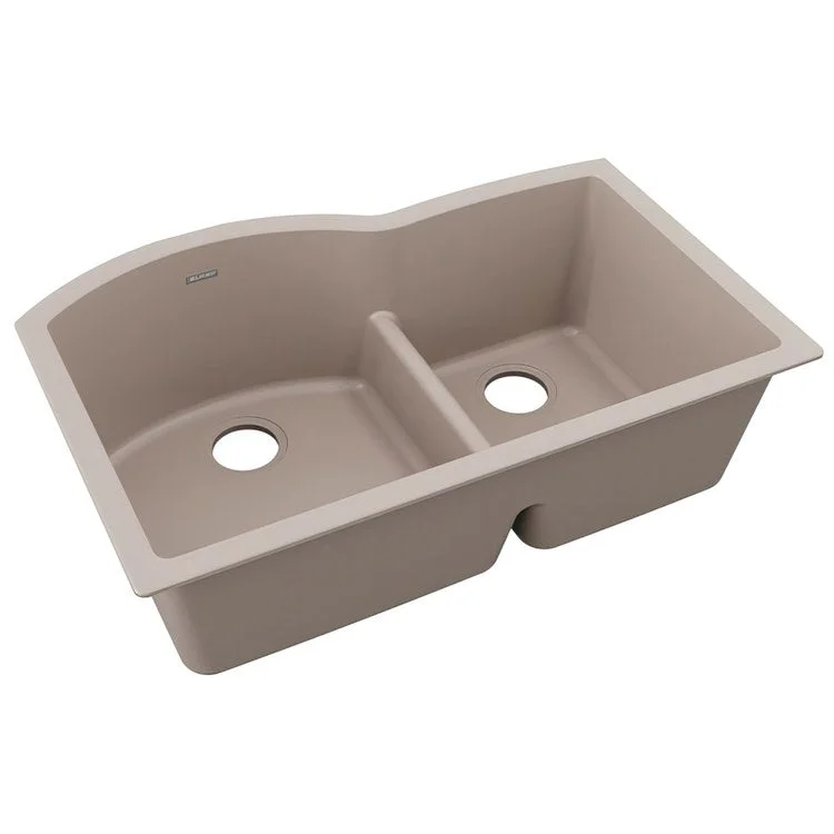 kitchen sink basin slope-Kitchen Sink Quartz Classic 33 x 22 Inch Double Bowl Offset 60/40 with Aqua Divide Greige Undermount