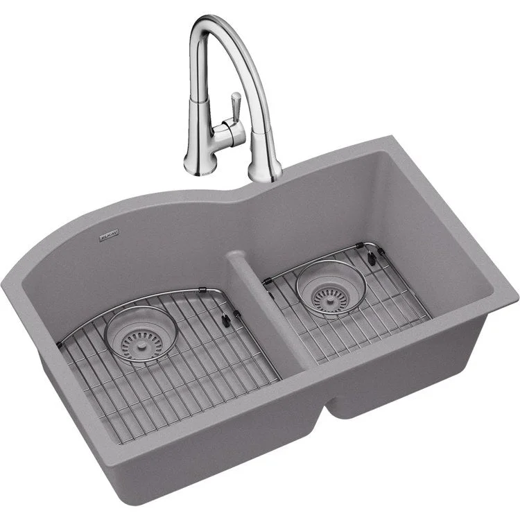 kitchen sink faucet enamel-Kitchen Sink Quartz Classic 33 x 22 Inch Double Bowl Offset 60/40 Kit with Faucet & Aqua Divide Greystone Undermount