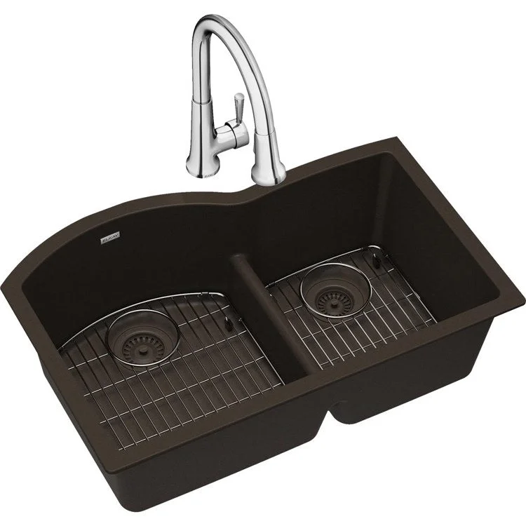 kitchen sink basin iron-Kitchen Sink Quartz Classic 33 x 22 Inch Double Bowl Offset 60/40 Kit with Faucet & Aqua Divide Mocha Undermount