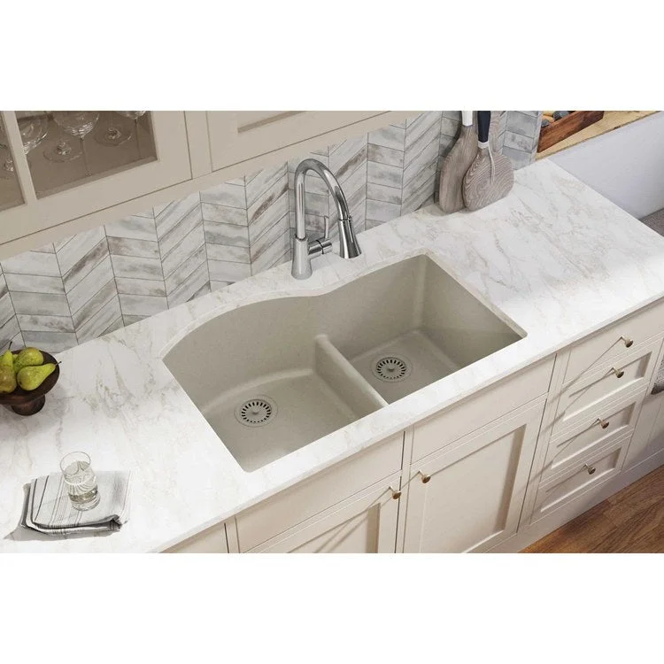 kitchen sink basin beige-Kitchen Sink Quartz Classic 33 x 22 Inch Double Bowl Offset 60/40 with Aqua Divide Putty Undermount