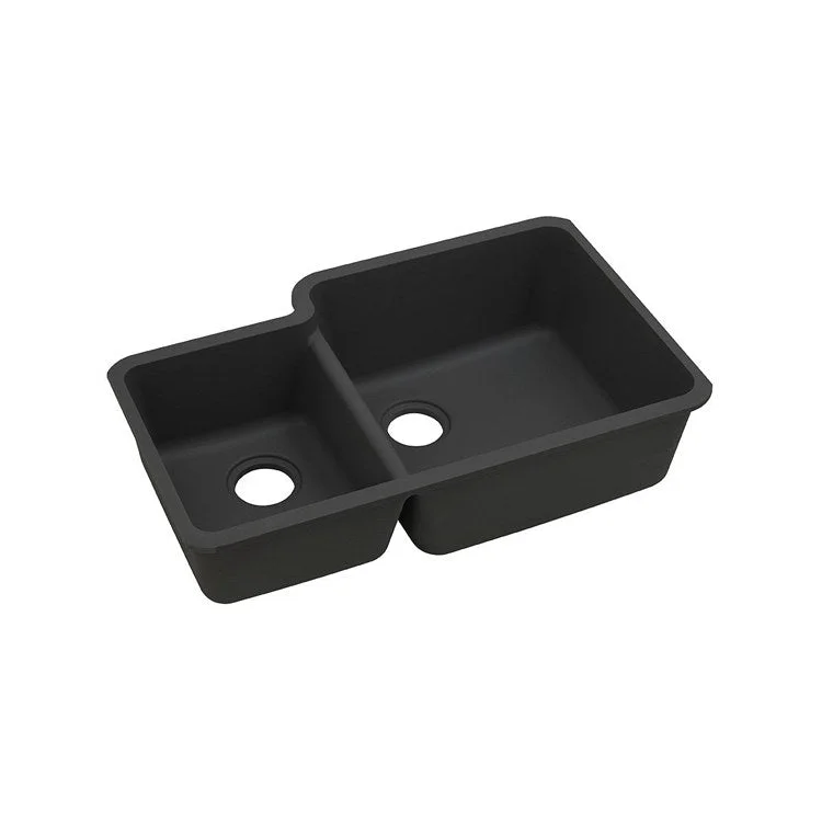 kitchen sink drain curve-Kitchen Sink Quartz Classic 33 x 20.5 Inch Double Bowl Offset Black Undermount 9 Inch