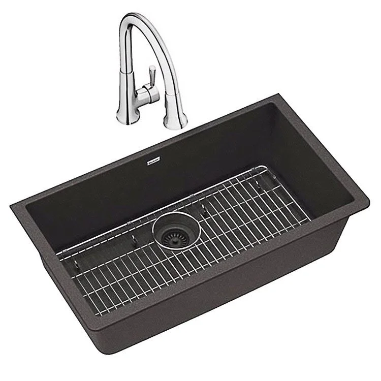 kitchen sink basin twist-Kitchen Sink Quartz Classic 33 x 18.5 Inch Single Bowl Kit with Faucet Black Undermount