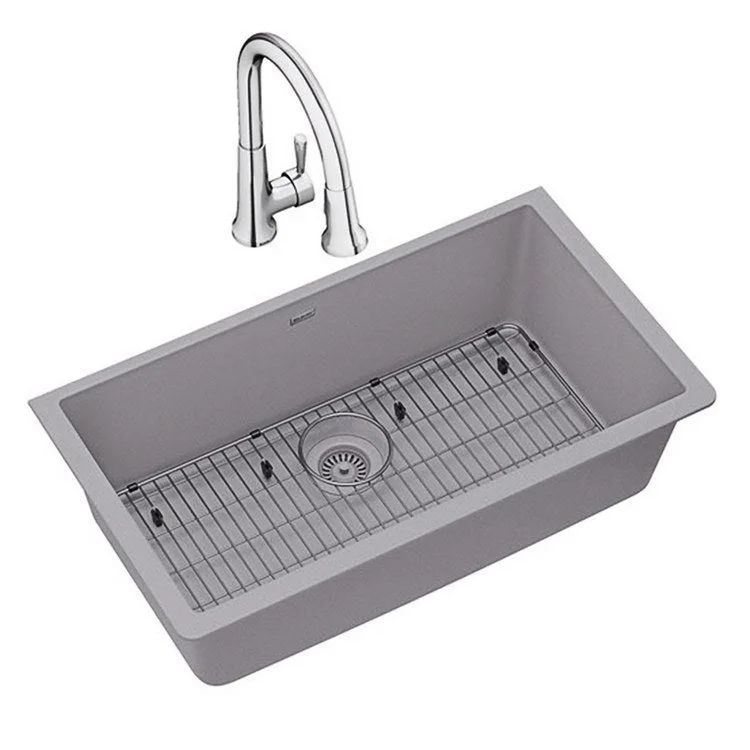 kitchen sink drain grid-Kitchen Sink Quartz Classic 33 x 18.5 Inch Single Bowl Kit with Faucet Greystone Undermount