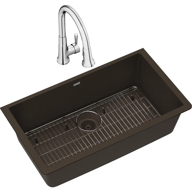 kitchen sink drain dip-Kitchen Sink Quartz Classic 33 x 18.5 Inch Single Bowl Kit with Faucet Mocha Undermount