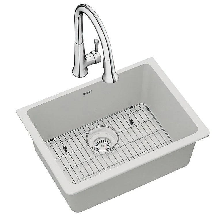 kitchen sink overflow cover-Kitchen Sink Quartz Classic 24.5 x 18.5 Inch Single Bowl Kit with Faucet White Undermount