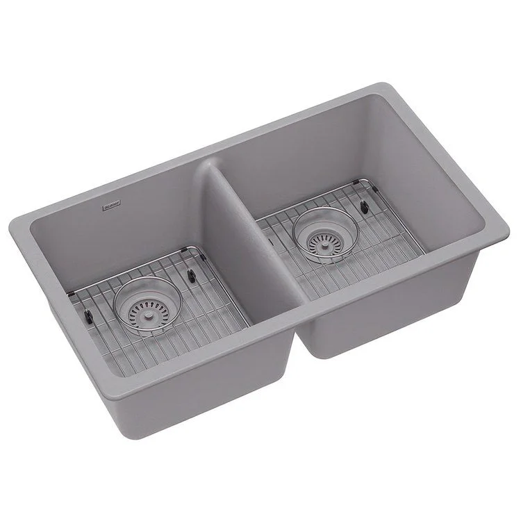 kitchen sink basin brown-Sink Kit Quartz Classic Equal 33 x 18.5 Inch Double Bowl Greystone Two Bottom Grids Two Drains Cleaning Kit