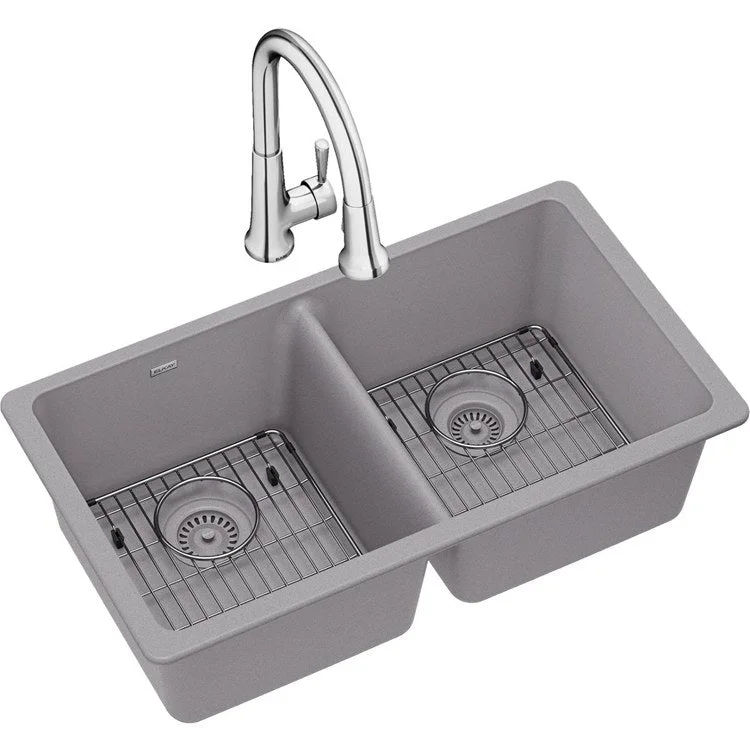 kitchen sink drain plastic-Kitchen Sink Quartz Classic 33 x 18.5 Inch Double Bowl Equal Kit with Faucet Greystone Undermount