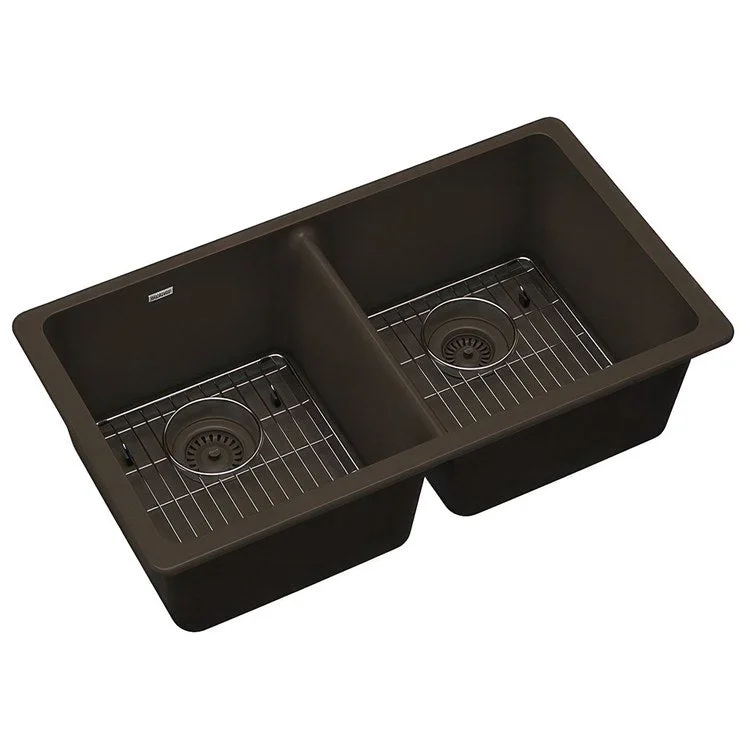 kitchen sink with apron front-Sink Kit Quartz Classic Equal 33 x 18.5 Inch Double Bowl Mocha Two Bottom Grids Two Drains Cleaning Kit