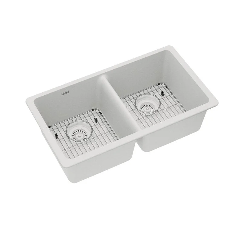 kitchen sink drain alloy-Sink Kit Quartz Classic Equal 33 x 18.5 Inch Double Bowl White Two Bottom Grids Two Drains Cleaning Kit