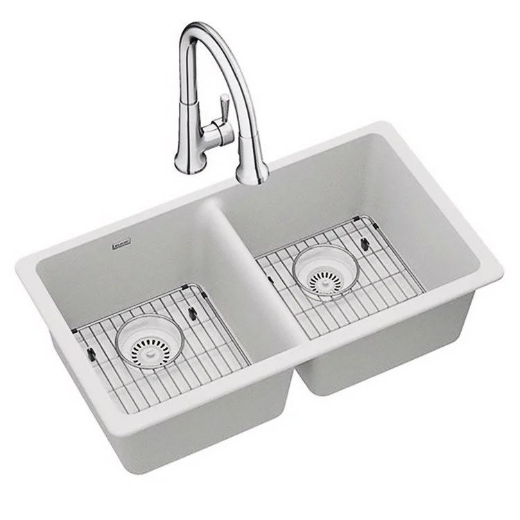 kitchen sink basin tile-Kitchen Sink Quartz Classic 33 x 18.5 Inch Double Bowl Kit with Faucet White Undermount