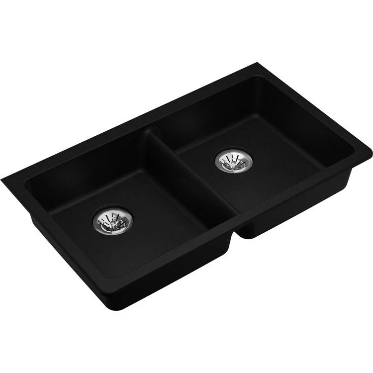 kitchen sink drain green-Kitchen Sink Quartz Classic 33 x 18.5 Inch Double Bowl with Perfect Drain ADA Black Undermount Rectangle Drain Location Rear Center Depth 5-1/2 Inch