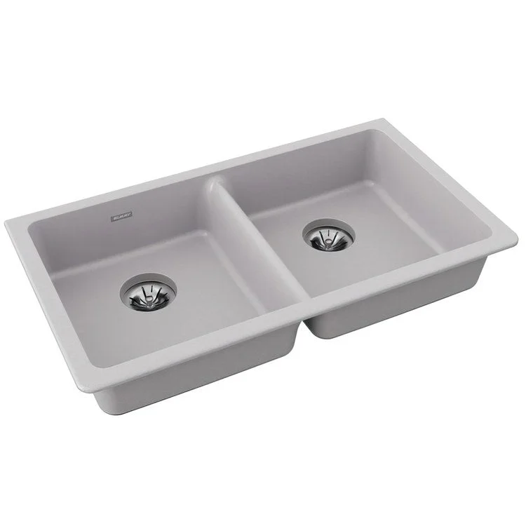 deep kitchen sink dimensions-Kitchen Sink Quartz Classic 33 x 18.5 Inch Double Bowl with Perfect Drain ADA Greystone Undermount Rectangle Drain Location Rear Center Depth 5-1/2 Inch