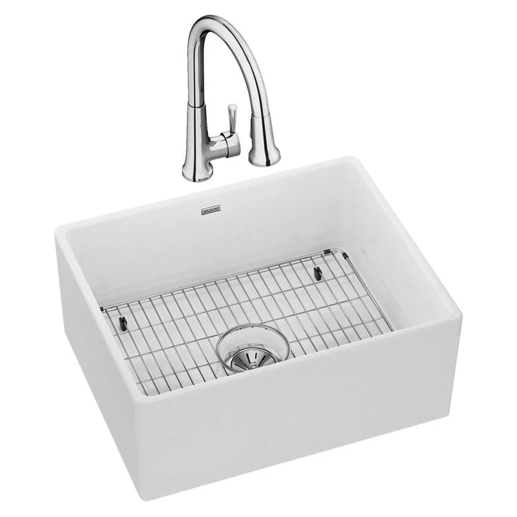 kitchen sink drain acrylic-Kitchen Sink Fireclay 24.5 x 20 Inch Single Bowl Kit Apron Front with Faucet ADA White Farmhouse Rectangle Drain Location Center Depth 10-1/8 Inch