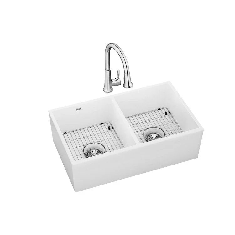 kitchen sink drain enamel-Kitchen Sink Fireclay 33 x 20 Inch Double Bowl Equal Kit Apron Front with Faucet ADA White Farmhouse Rectangle Drain Location Center Depth 10-1/8 Inch