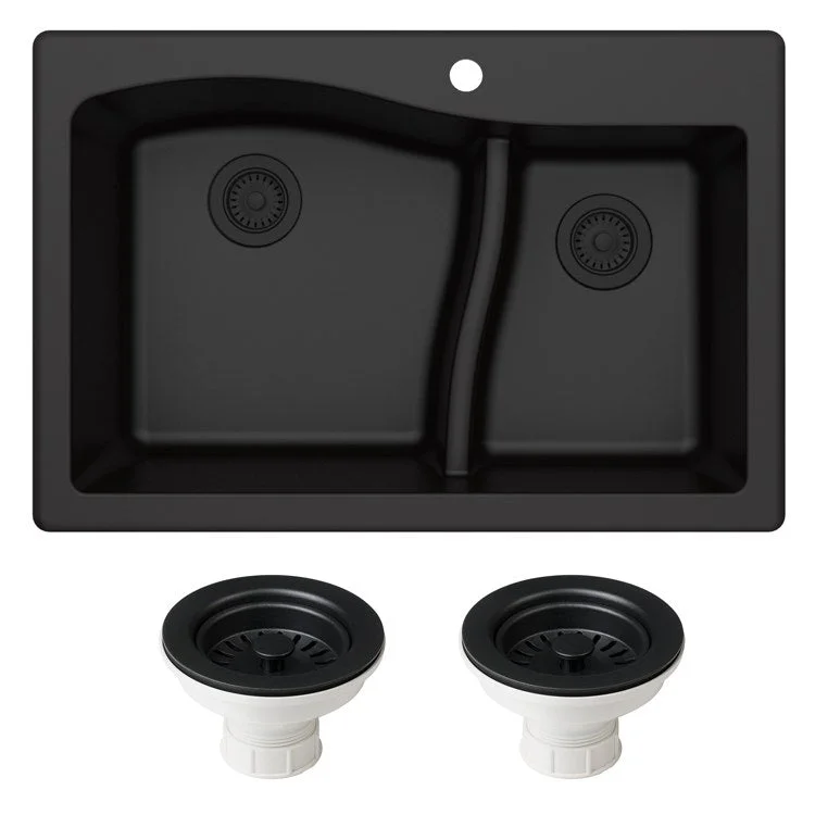 kitchen sink drain blue-Quarza 33" 60/40 Double Bowl Granite Dual-Mount Kitchen Sink and Strainers