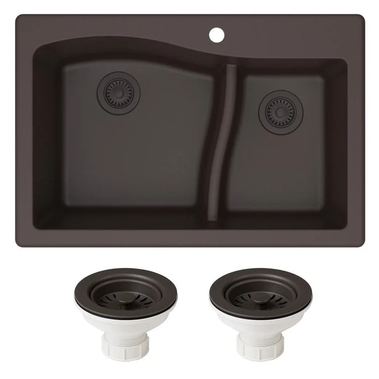 kitchen sink drain white-Quarza 33" 60/40 Double Bowl Granite Dual-Mount Kitchen Sink and Strainers