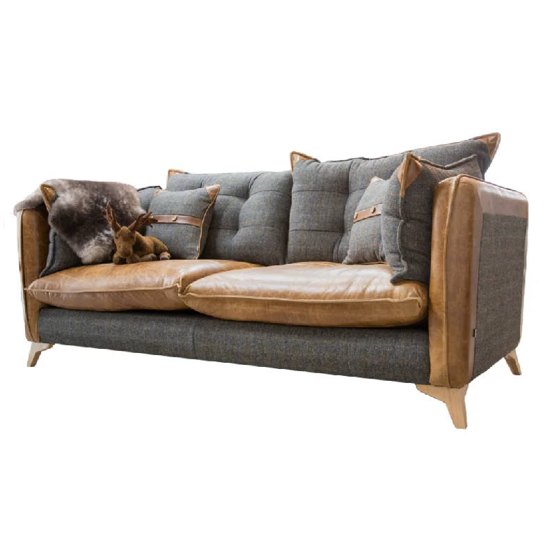 rustic wooden sofa-Regal Three Seater Sofa Uist Night Tweed and Brown Cerato Leather