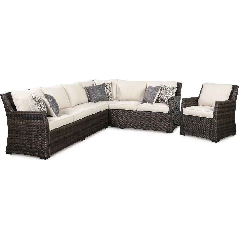 student chair-Easy Isle 2 Piece Outdoor Sectional with Chair - Dark Brown/Beige